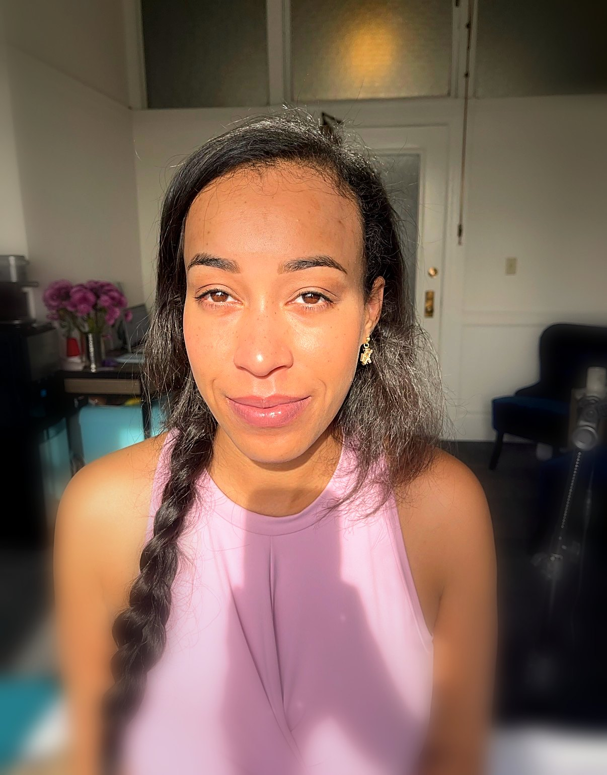 Soft camera-ready makeup with light hair finish by AVES Beauty