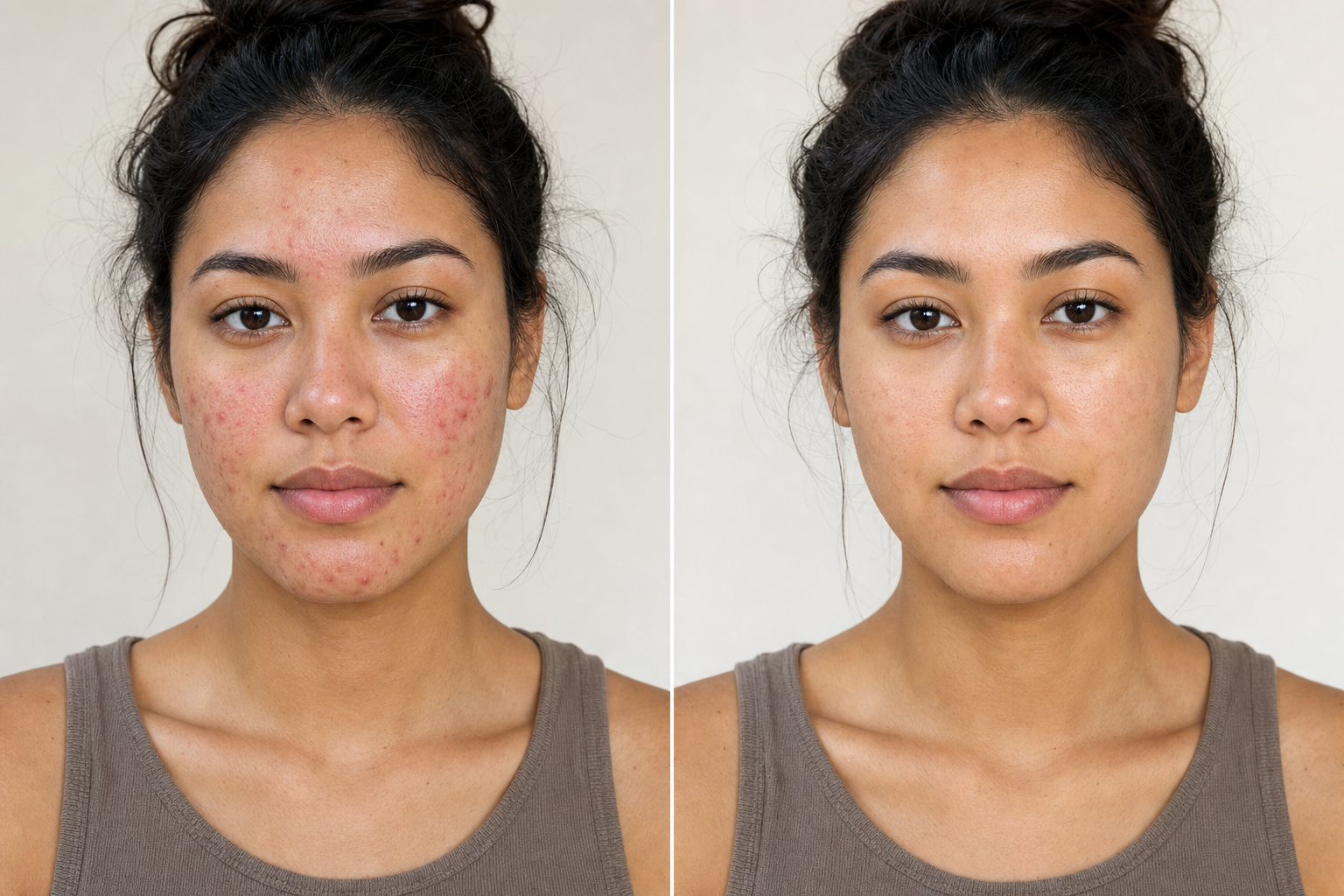 Illustrative side-by-side view of acne-prone skin and clearer skin on the same fictional person